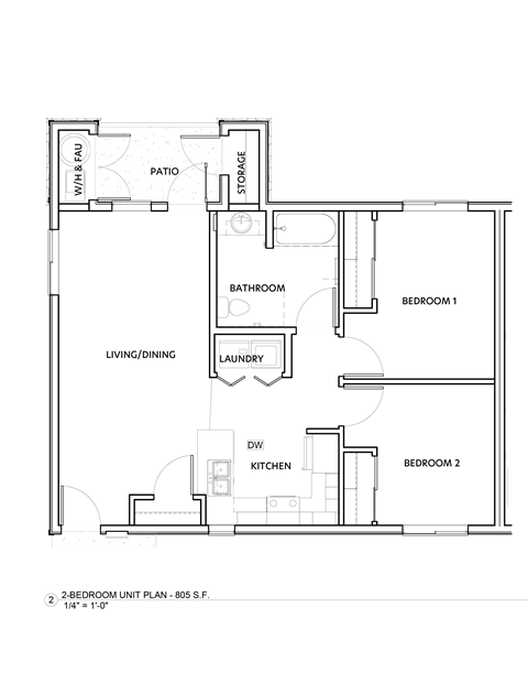 Floor plan for 2 beds, 1 bath, 805 sqft